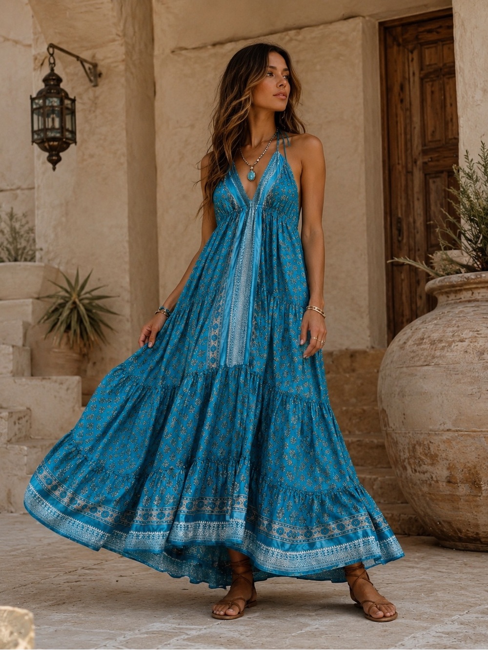 Women's Boho Maxi Dress Estimated Size Small Blue Halter Open Back Flowy Tiered